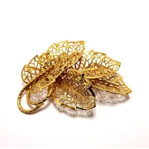 Vintage JUDY LEE Statement Brooch Large Layered Leaf FILIGREE LEAVES GOLD TONE